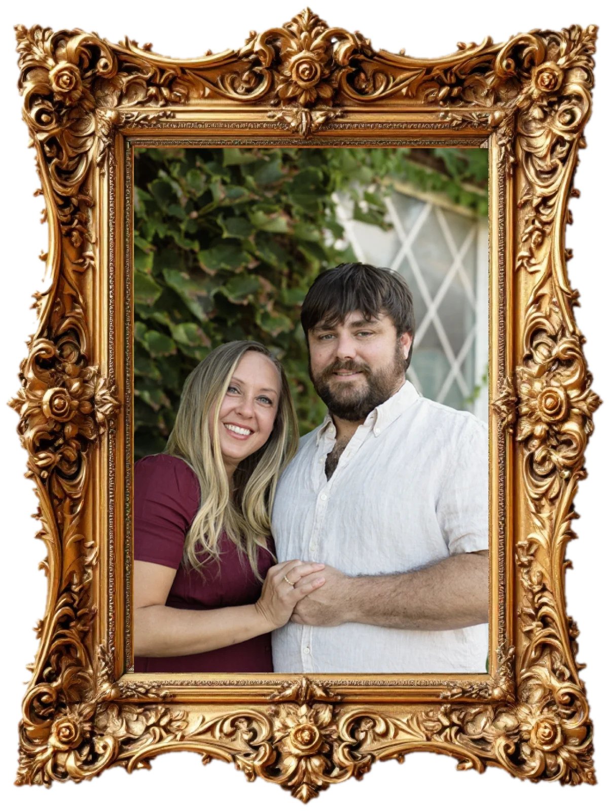 Heather and Heath together outdoors, in an ornate gilt frame — ivy and brick behind them, both smiling.