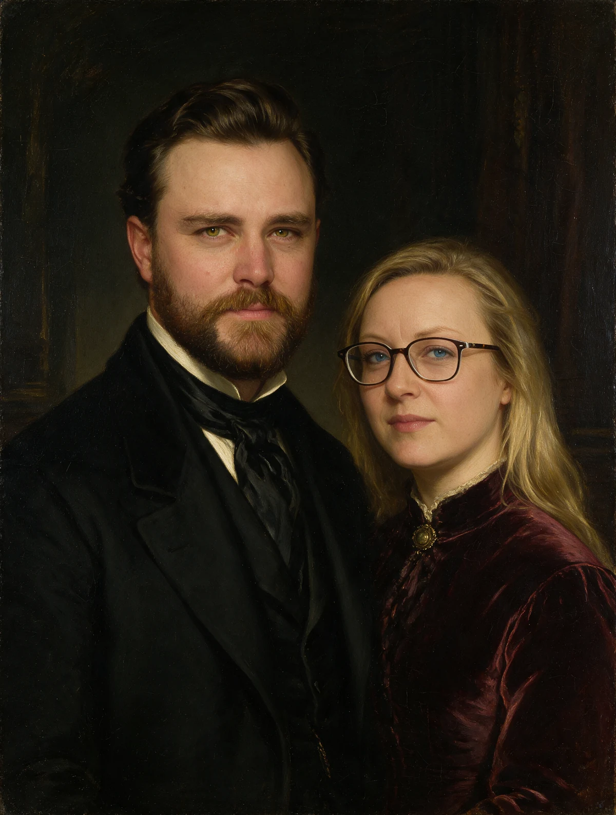 Heather and Heath, painted as a formal double portrait — dark ground, lamplight, unsmiling.